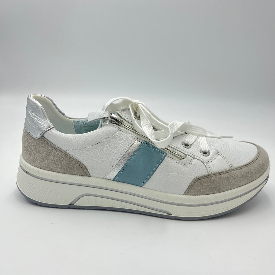 Sneaker Ara - Sneaker Bianca in Pelle con Dettaglio Suede Grigio e Celeste