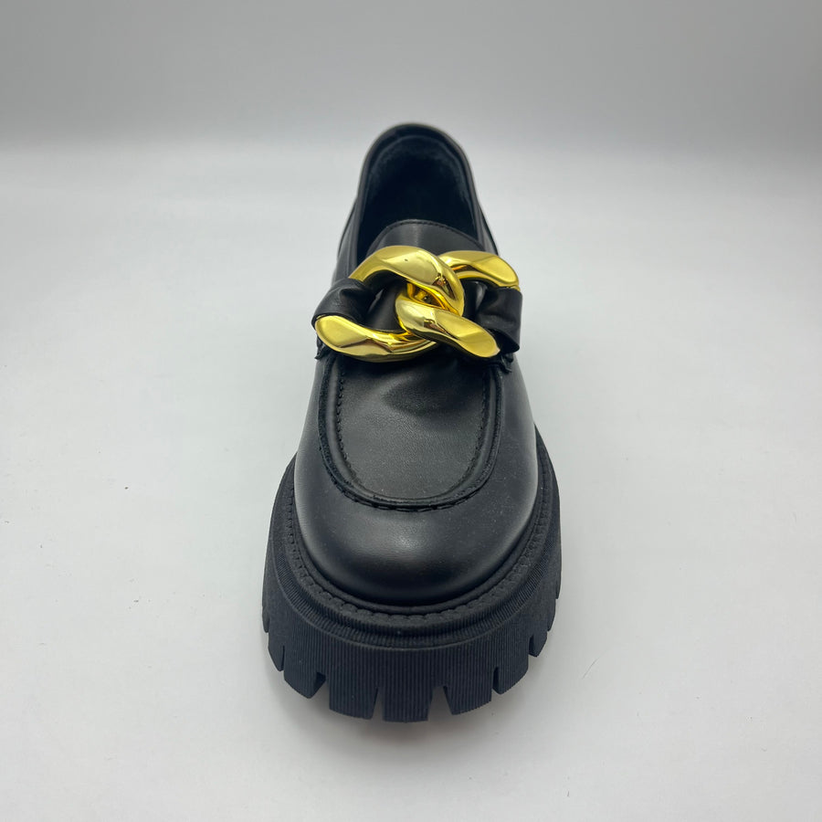 Mocassino Crown - Mocassino Nero con Maxi Catena Dorata