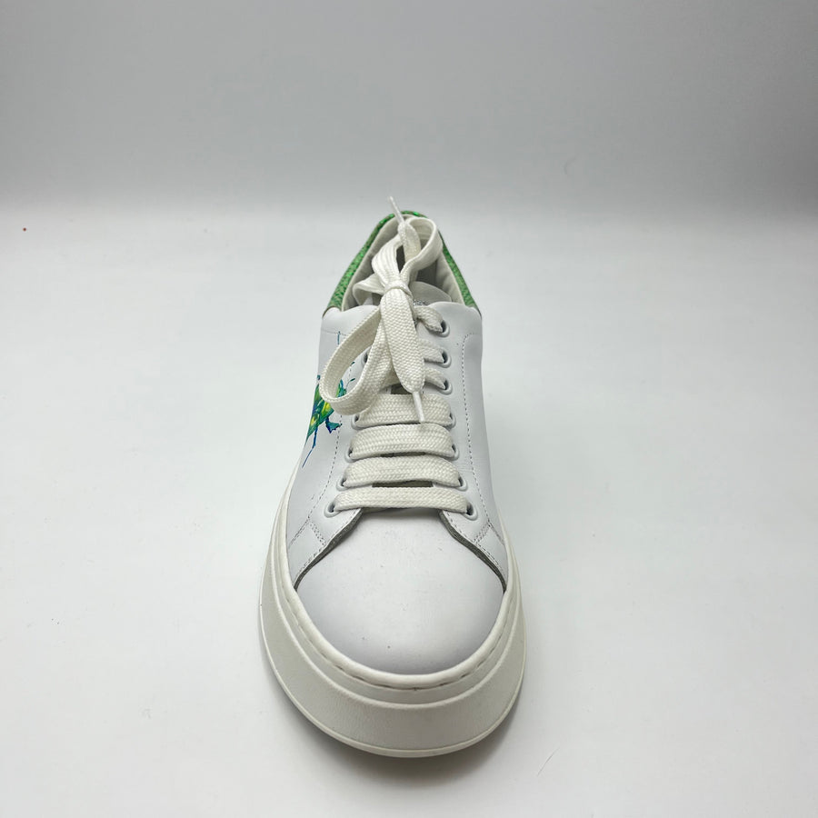 Sneaker Meline - Sneaker Platform Bianca con Scarabeo Dipinto e Dettaglio Green