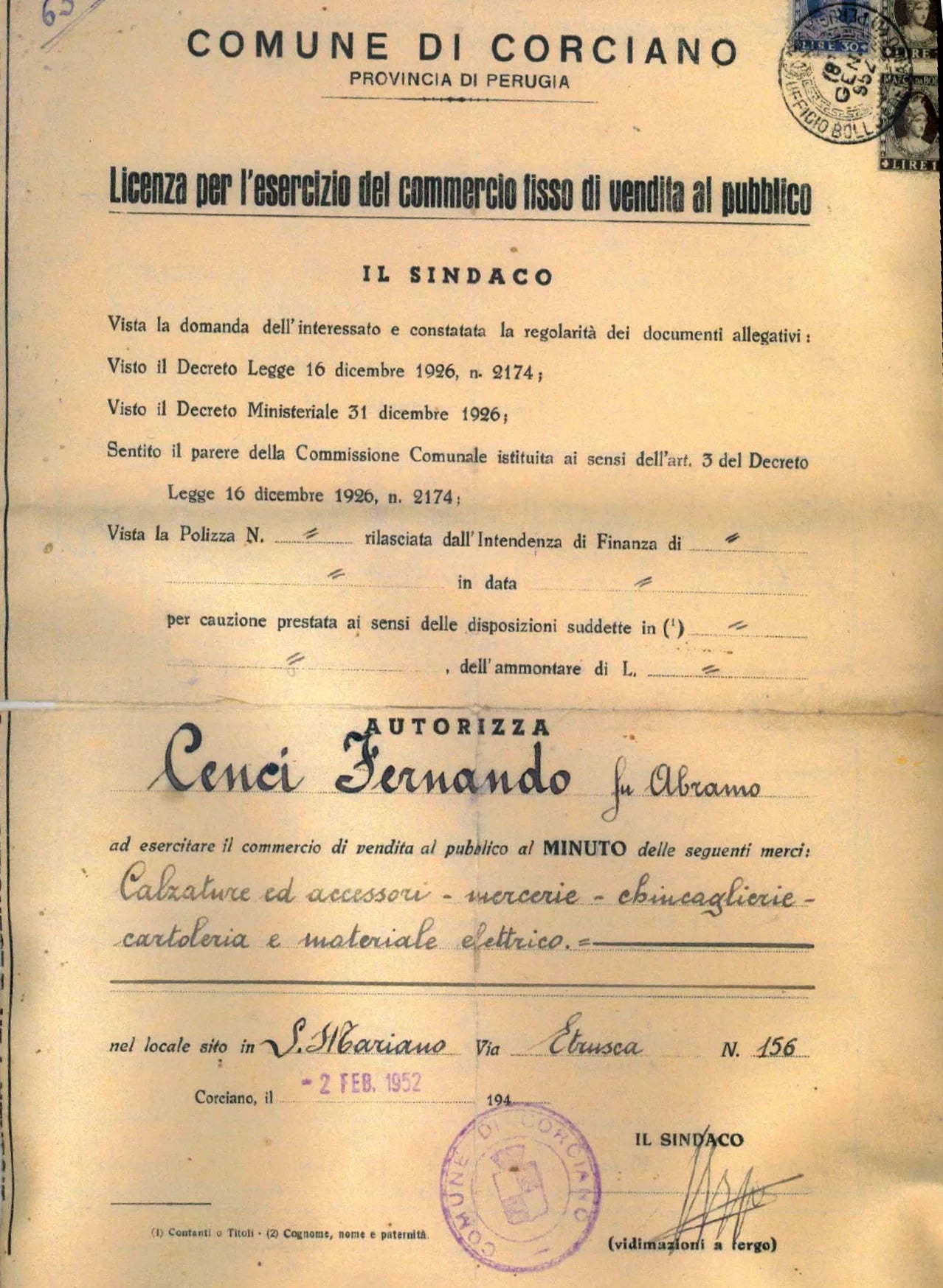 Licenza commercio · 1952